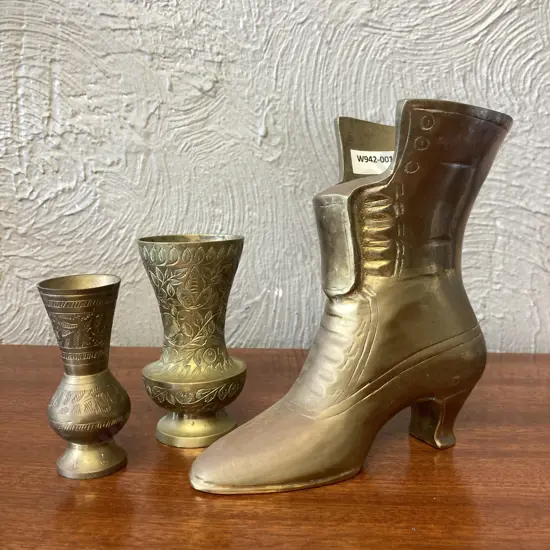 Brass Boot (16 x 14cm) & Pair of Brass Vases